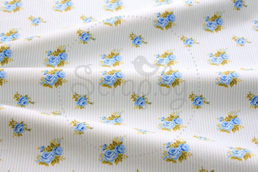 Хлопок Голубые розочки на полоске