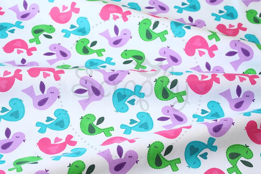 Хлопок Цветные птички на белом