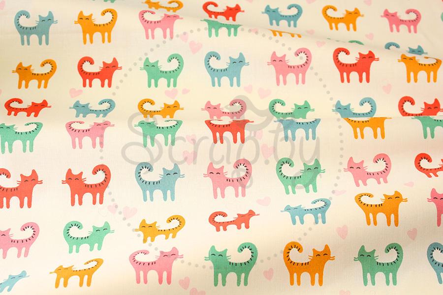 Хлопок Цветные котики на кремовом