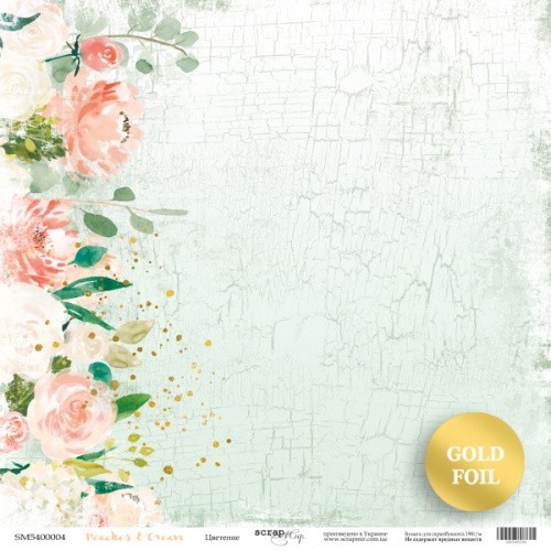 Лист бумаги с золотым тиснением Peaches & Cream - Цветение 30х30см ТМ Скрапмир