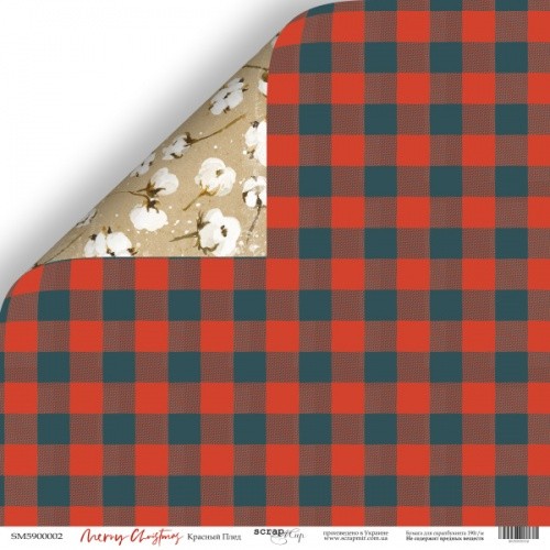 Лист бумаги Merry Christmas - Красный Плед 30х30см ТМ Скрапмир
