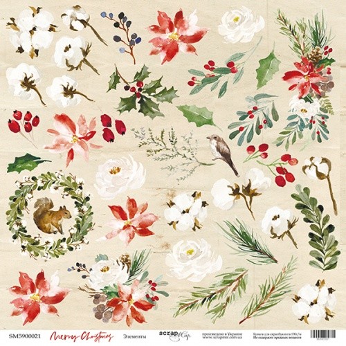 Лист бумаги Merry Christmas - Элементы 30х30см ТМ Скрапмир
